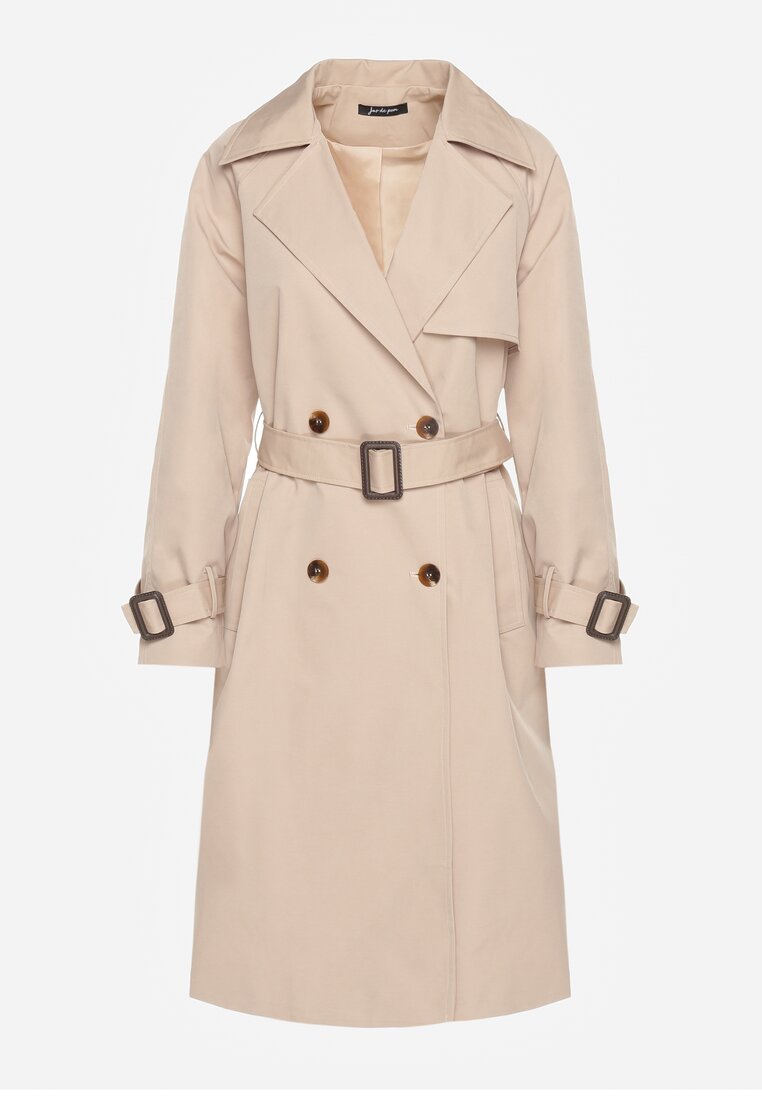 Beżowy Dwurzędowy Płaszcz Trencz z Paskiem Ninnolia