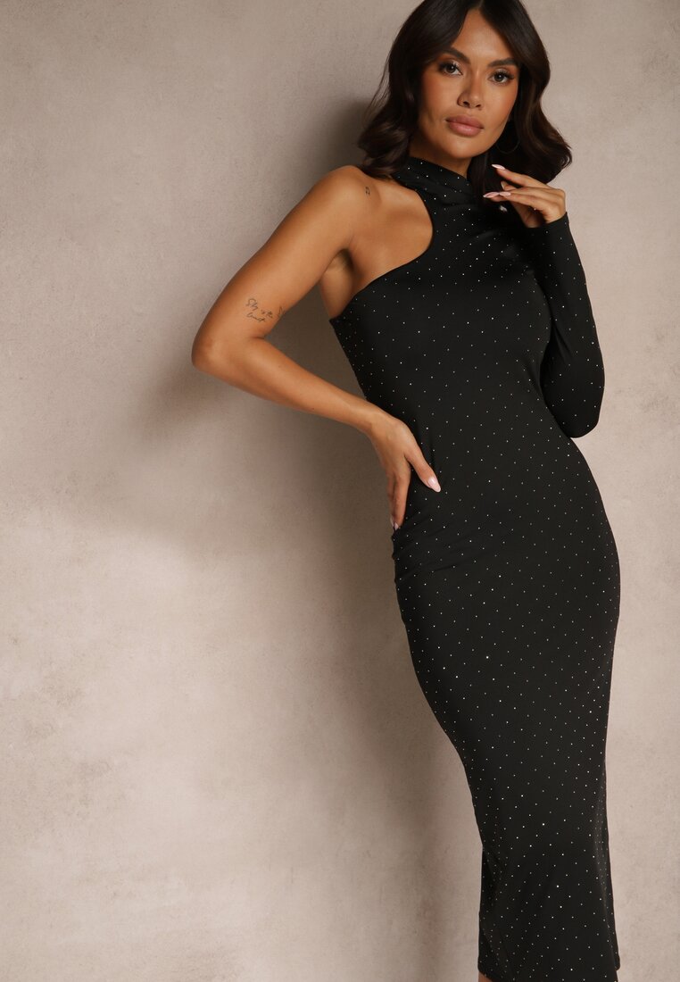 Czarna Koktajlowa Sukienka Bodycon Asymetryczna z Jednym Rękawem Lissain
