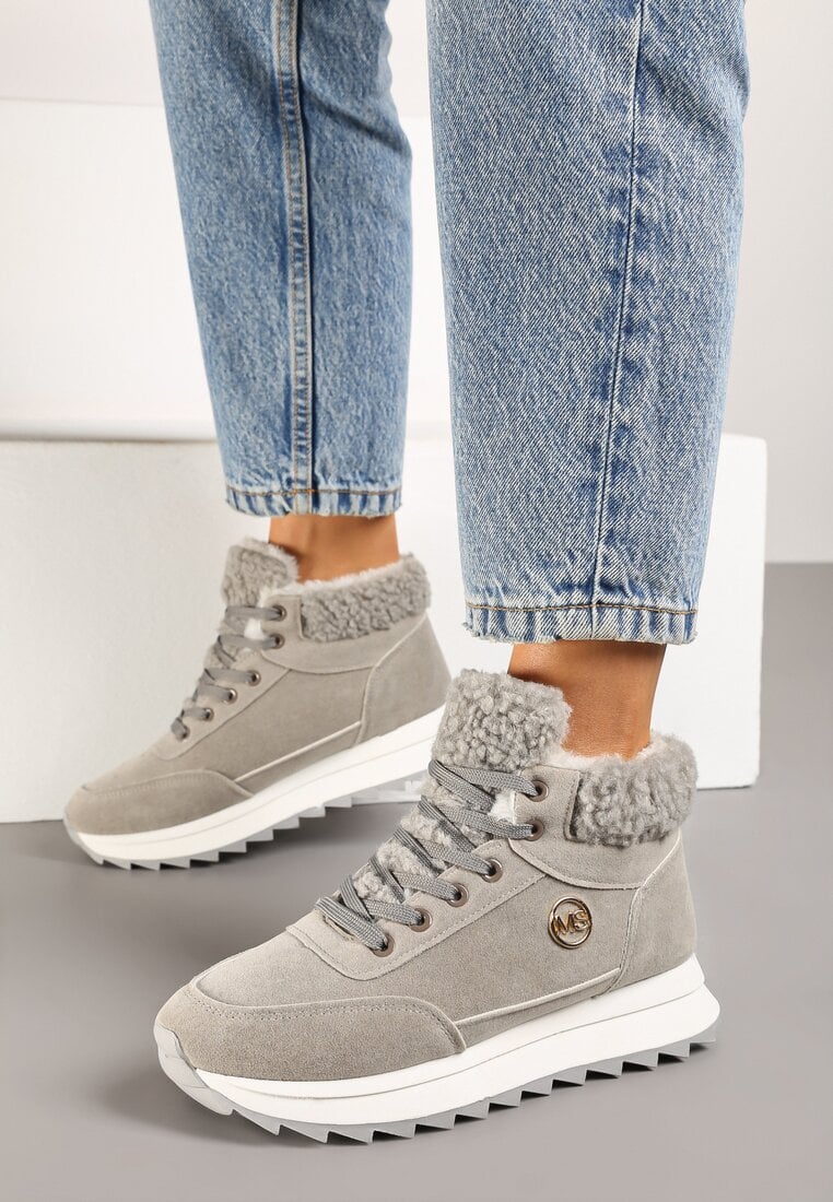 Szare Sneakersy z Ekozamszu z Futrzaną Wyściółką Etaylla