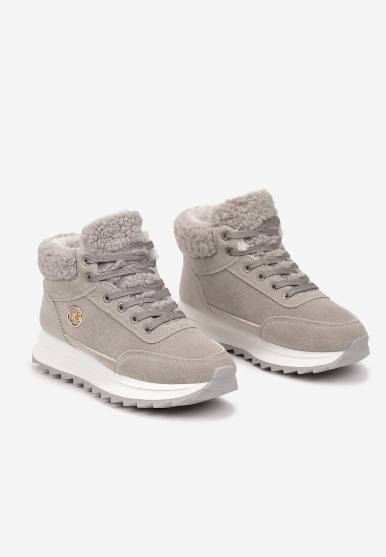 Szare Sneakersy z Ekozamszu z Futrzaną Wyściółką Etaylla