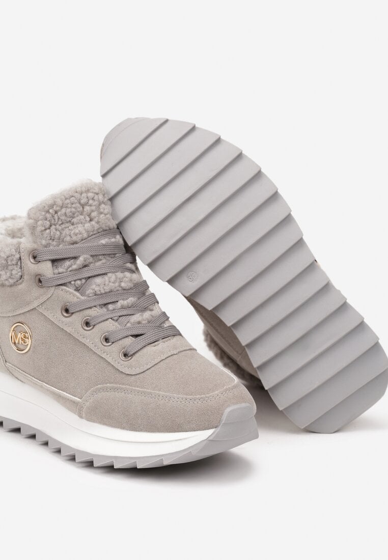 Szare Sneakersy z Ekozamszu z Futrzaną Wyściółką Etaylla