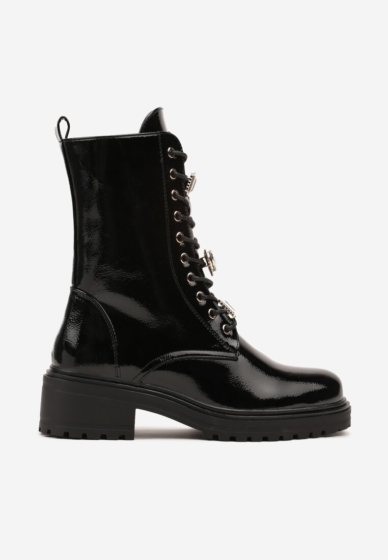 Czarne Płaskie Sznurowane Botki Workery Ozdobione Cyrkoniami Niathria