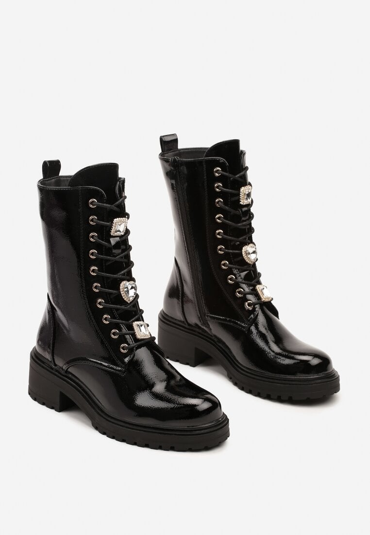 Czarne Płaskie Sznurowane Botki Workery Ozdobione Cyrkoniami Niathria