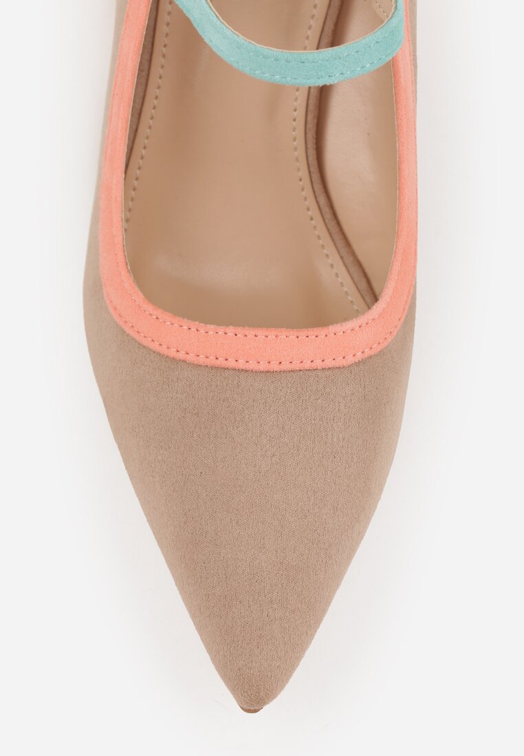 Ciemnobeżowe Czółenka na Słupku z Metaliczną Wstawką i Paskiem Linnelea