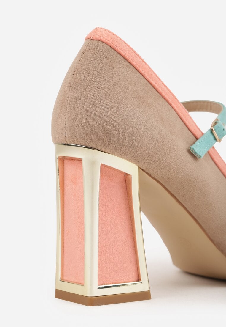 Ciemnobeżowe Czółenka na Słupku z Metaliczną Wstawką i Paskiem Linnelea