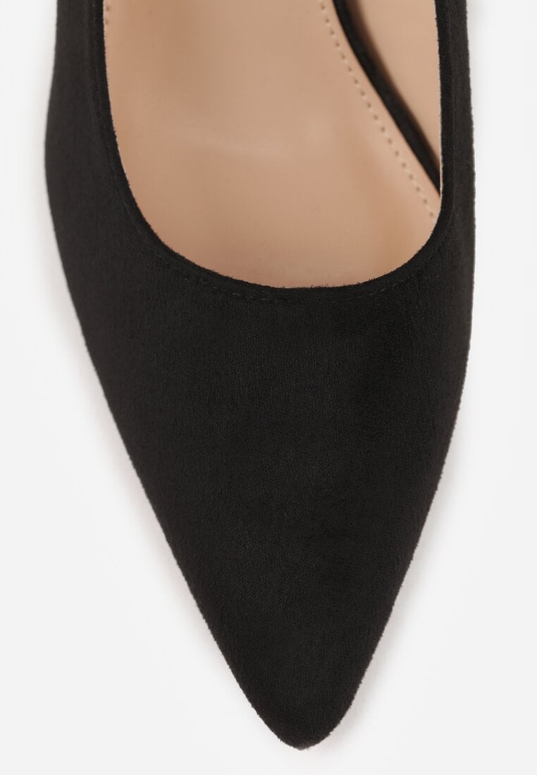 Czarne Czółenka na Słupku Ozdobione Paskiem i Metaliczną Aplikacją Lannethe