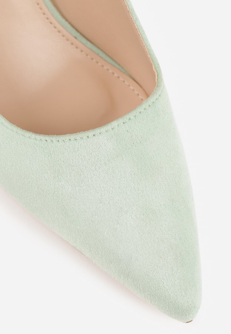 Jasnozielone Czółenka na Słupku Ozdobione Paskiem i Metaliczną Aplikacją Lannethe