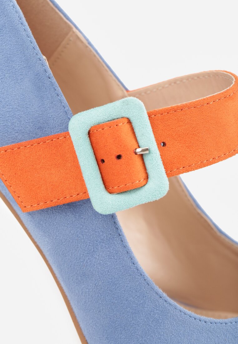 Niebieskie Czółenka na Słupku z Metalicznymi Wstawkami i Paskiem Enavina