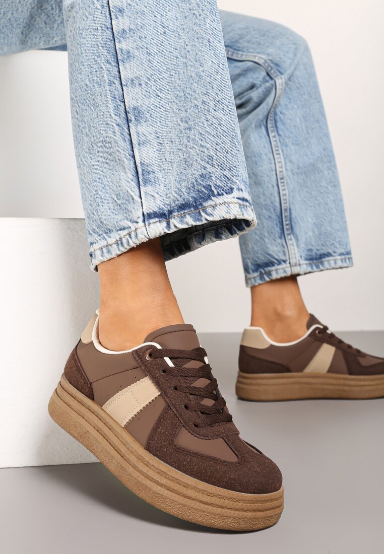 Brązowe Sneakersy na Grubej Podeszwie z Ozdobnymi Przeszyciami Ysdole
