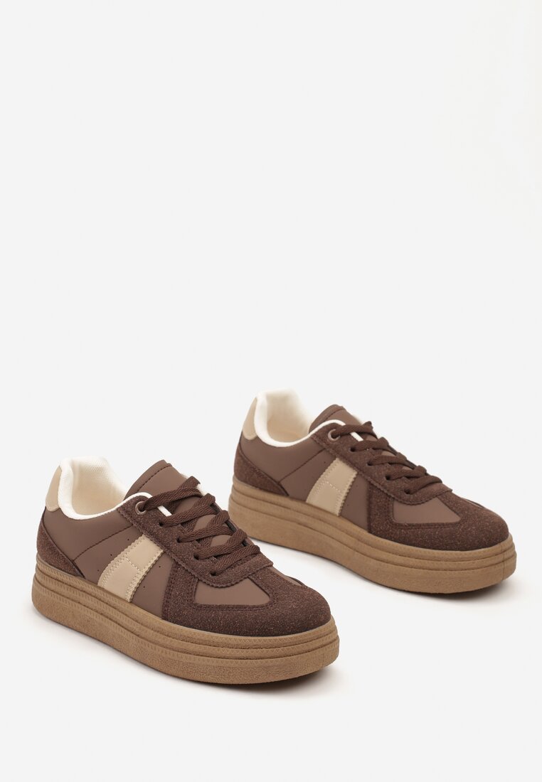 Brązowe Sneakersy na Grubej Podeszwie z Ozdobnymi Przeszyciami Ysdole