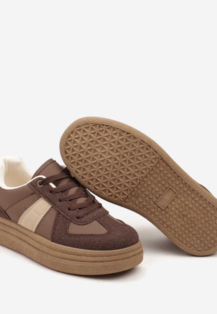 Brązowe Sneakersy na Grubej Podeszwie z Ozdobnymi Przeszyciami Ysdole