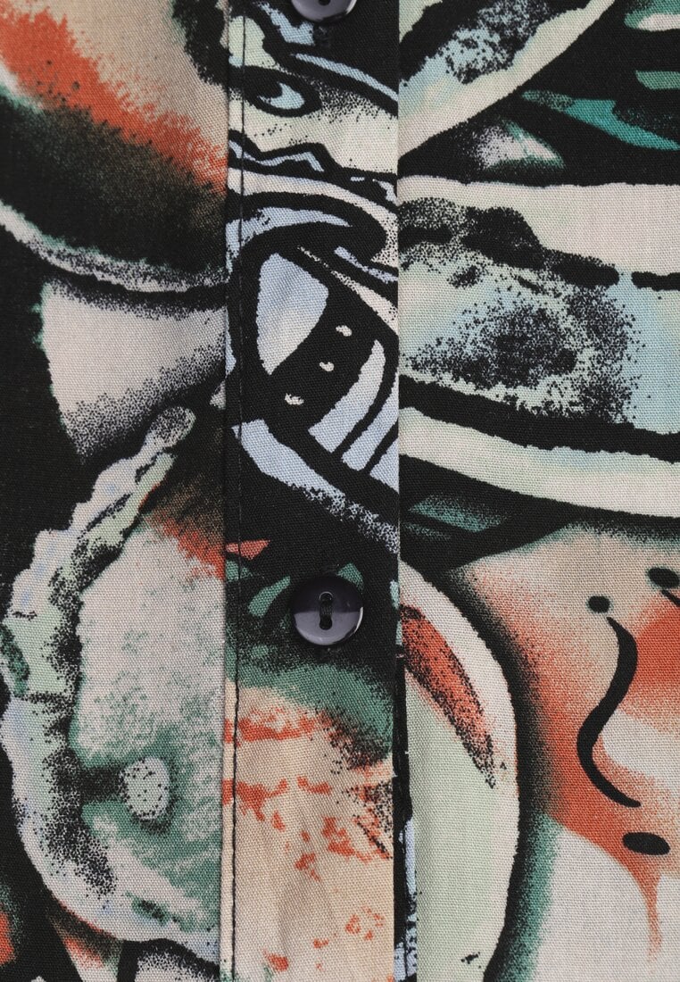 Czarno-Beżowa Wiskozowa Sukienka Koszulowa w Kwiaty z Guzikami przy Rękawach Enayira