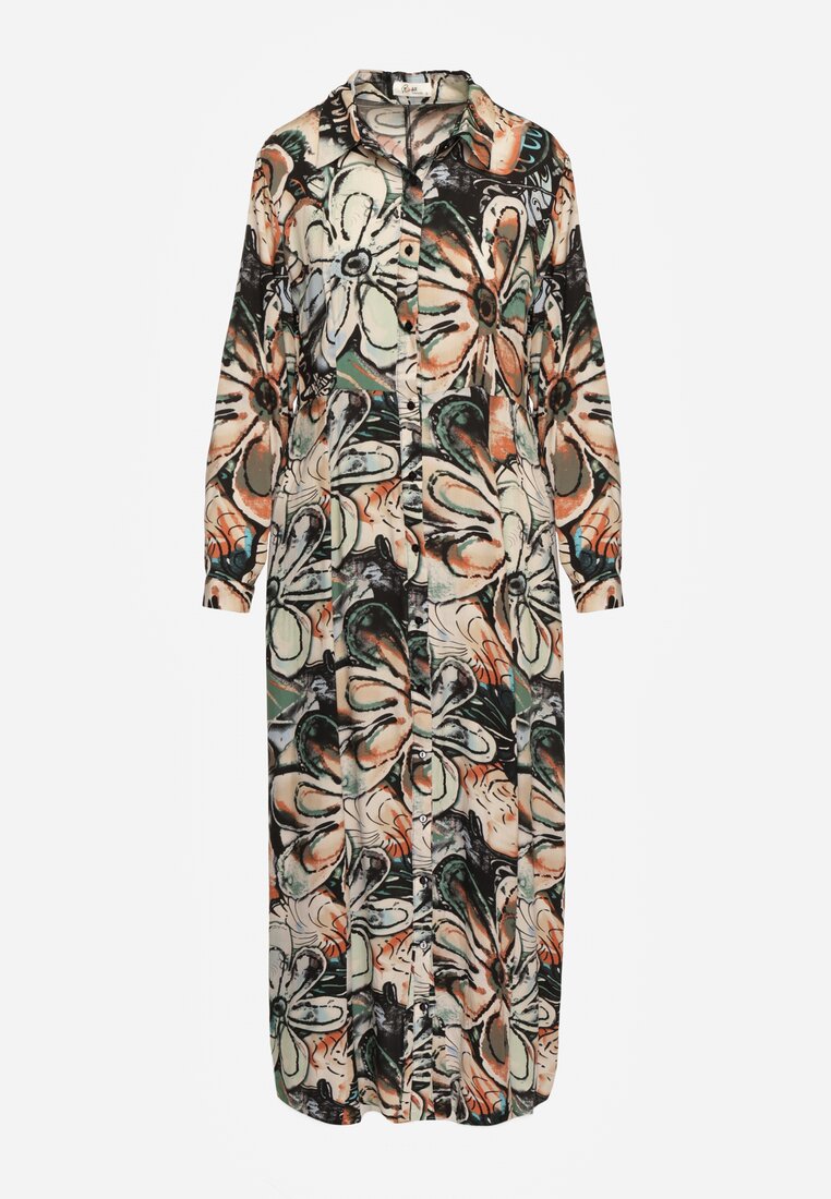 Czarno-Beżowa Wiskozowa Sukienka Koszulowa w Kwiaty z Guzikami przy Rękawach Enayira