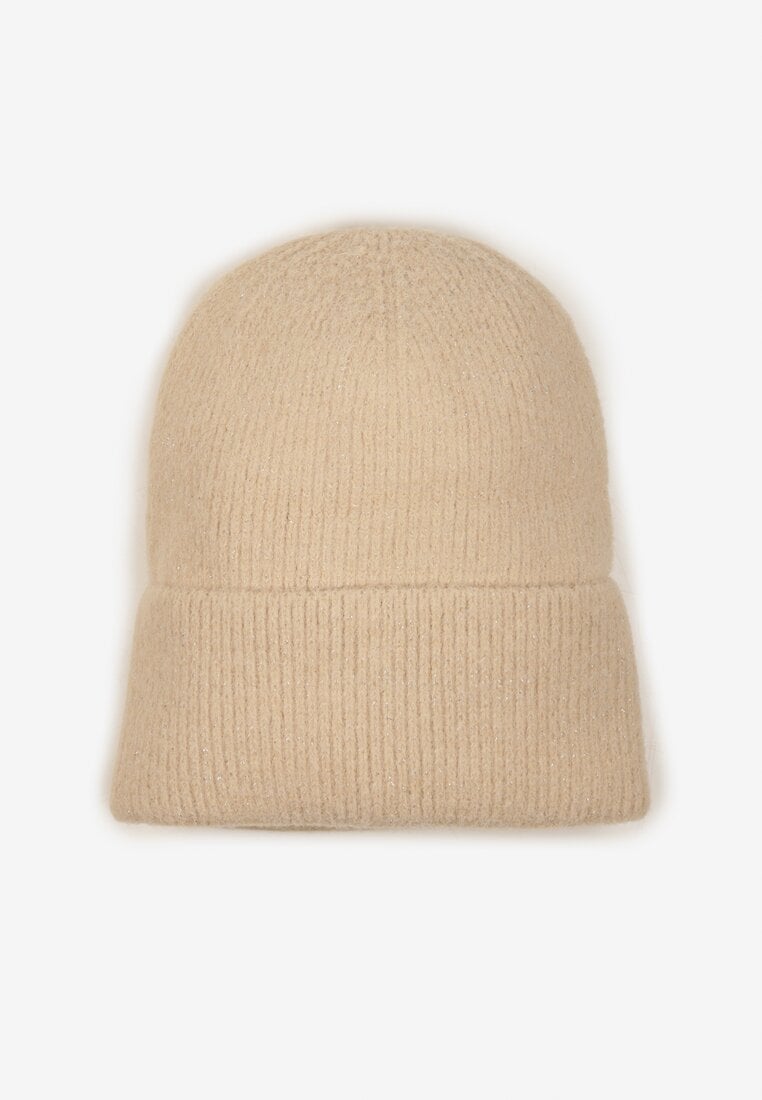 Beżowa Czapka z Metaliczną Nicią i Wywinięciem Temivra