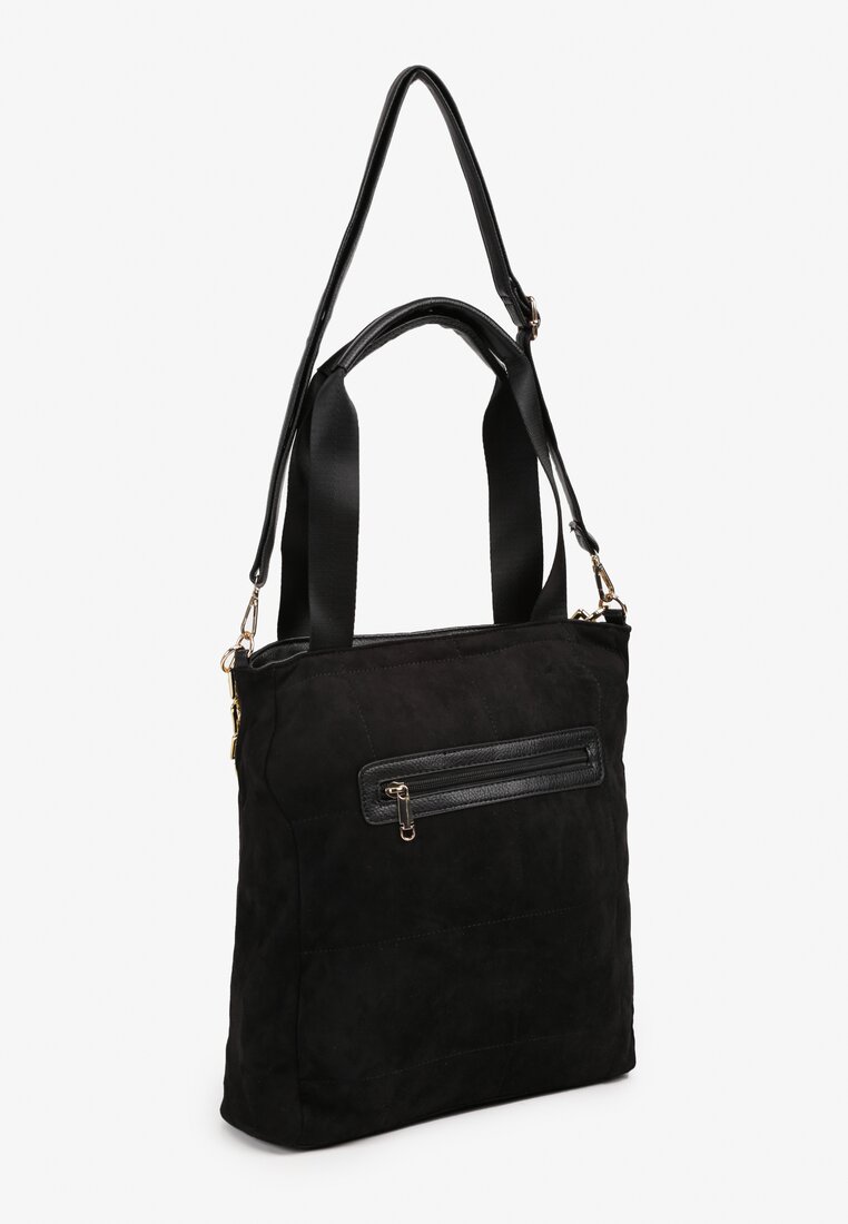 Czarna Torebka Shopper z Ekozamszu Zdobiona Eleganckim Łańcuszkiem Leathraen