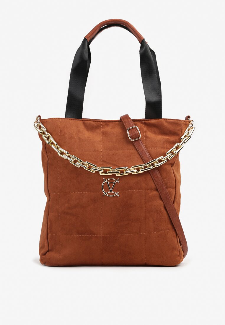 Brązowa Torebka Shopper z Ekozamszu Zdobiona Eleganckim Łańcuszkiem Leathraen