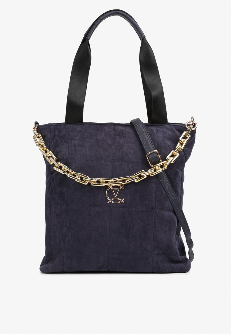 Granatowa Torebka Shopper z Ekozamszu Zdobiona Eleganckim Łańcuszkiem Leathraen