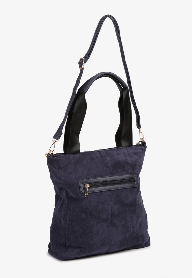 Granatowa Torebka Shopper z Ekozamszu Zdobiona Eleganckim Łańcuszkiem Leathraen