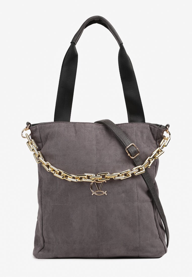 Szara Torebka Shopper z Ekozamszu Zdobiona Eleganckim Łańcuszkiem Leathraen