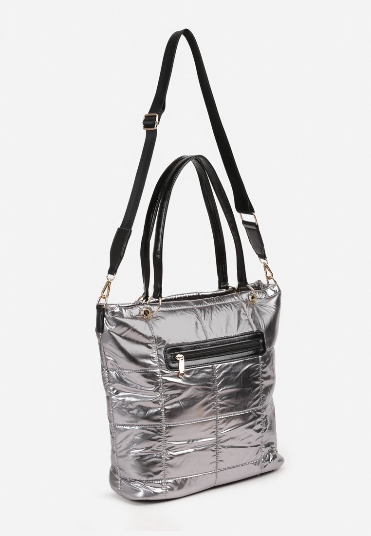 Srebrna Pikowana Torebka Shopperka z Łańcuchem i Dodatkowym Regulowanym Paskiem Gebitana