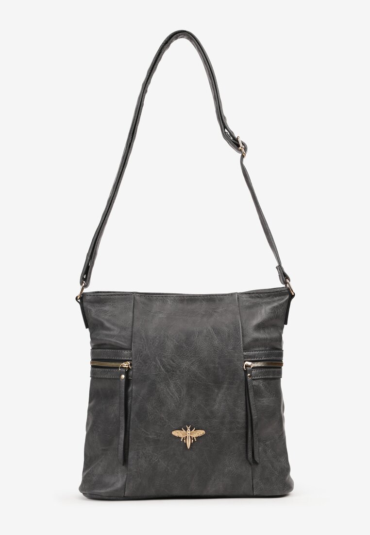 Szara Torebka Typu Listonoszka z Ozdobną Metalową Aplikacją i Regulowanym Paskiem Tobira