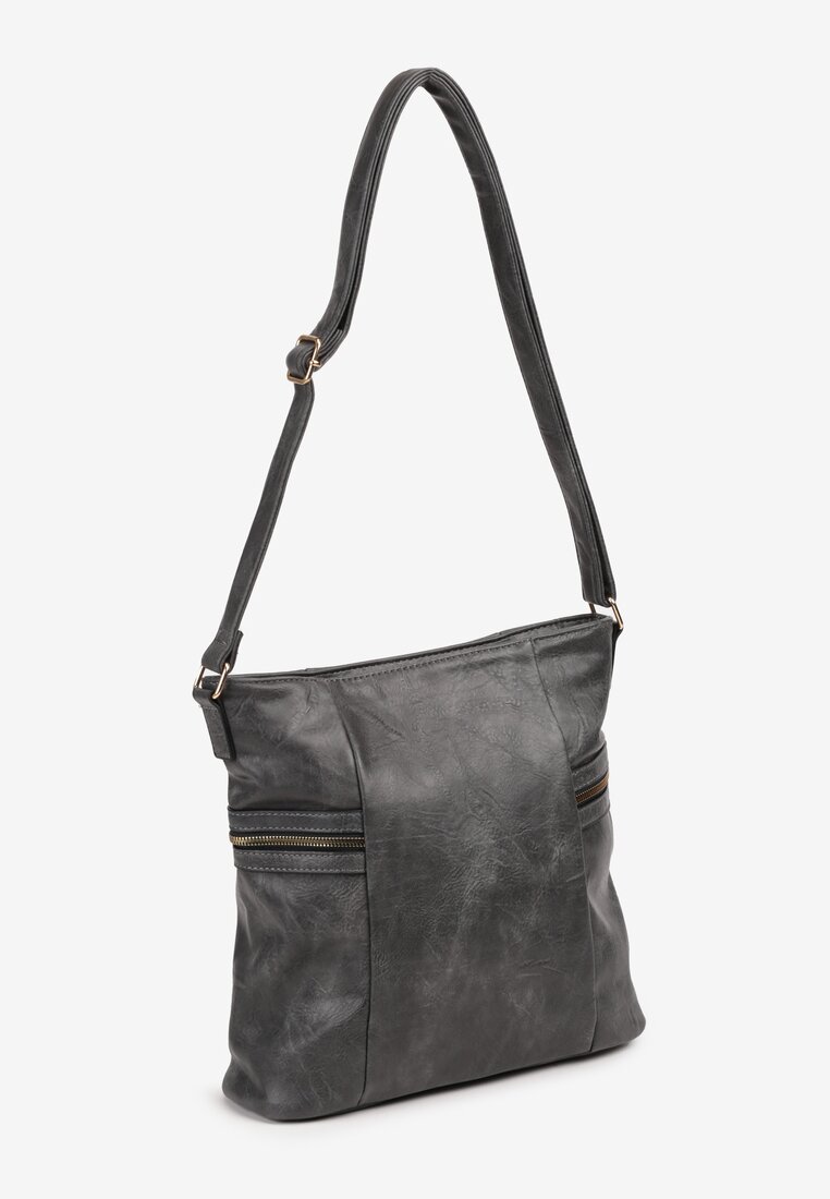 Szara Torebka Typu Listonoszka z Ozdobną Metalową Aplikacją i Regulowanym Paskiem Tobira