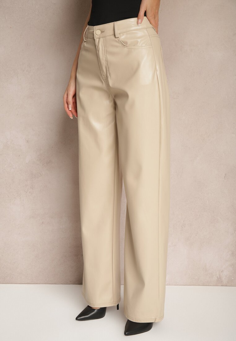 Beżowe Szerokie Spodnie High Waist z Imitacji Skóry Enawinn