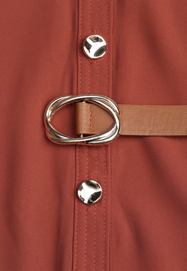 Brązowa Koszulowa Sukienka Ozdobiona Paskiem i Rękawem z Regulacją Esaviona