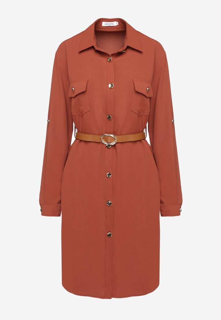 Brązowa Koszulowa Sukienka Ozdobiona Paskiem i Rękawem z Regulacją Esaviona