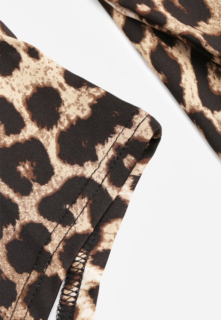 Brązowe Body w Panterkę z Kwadratowym Dekoltem i Długim Rękawem Gazzla