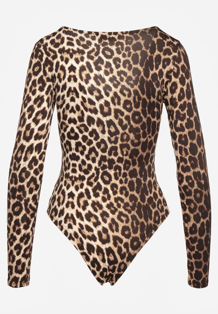 Brązowe Body w Panterkę z Kwadratowym Dekoltem i Długim Rękawem Gazzla