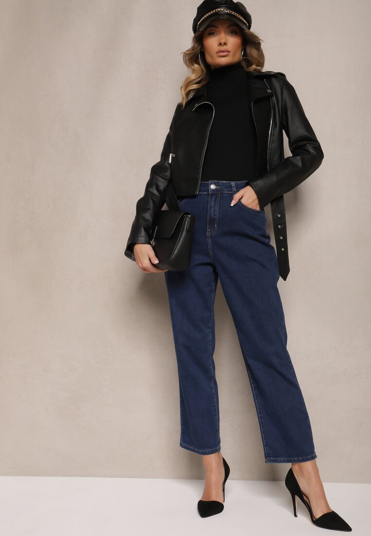 Granatowe Jeansy z Bawełną Mom Fit High Waist Ralila