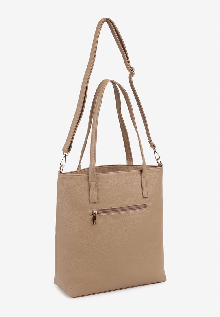 Ciemnobeżowa Torebka Typu Shopper z Odpinanym Paskiem na Ramię i Ozdobnym Suwakiem Helila
