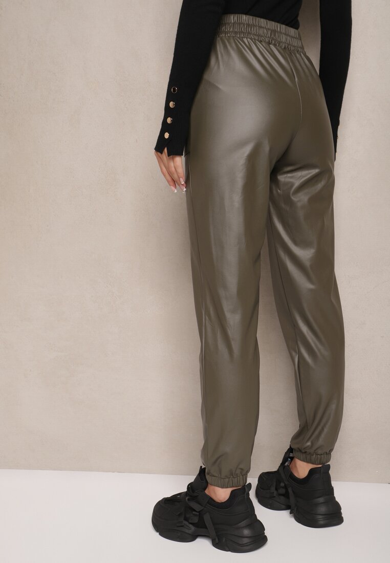 Ciemnozielone Spodnie High Waist z Imitacji Skóry ze Sznurkiem Nelionel