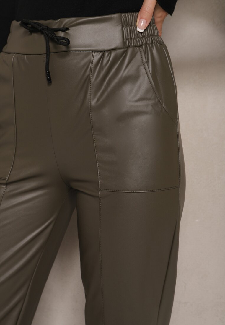 Ciemnozielone Spodnie High Waist z Imitacji Skóry ze Sznurkiem Nelionel