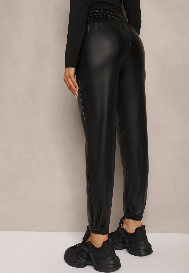 Czarne Spodnie High Waist z Imitacji Skóry ze Sznurkiem Nelionel