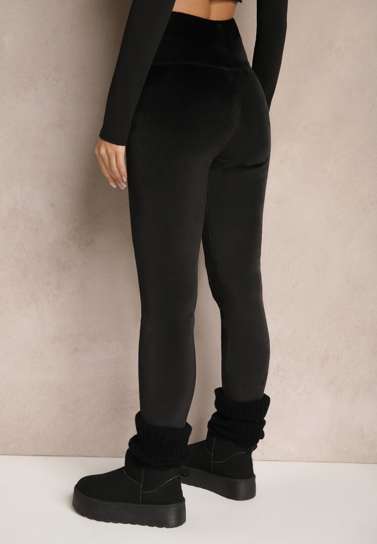 Czarne Ocieplane Legginsy High Waist z Weluru z Metaliczną Aplikacją Neliria