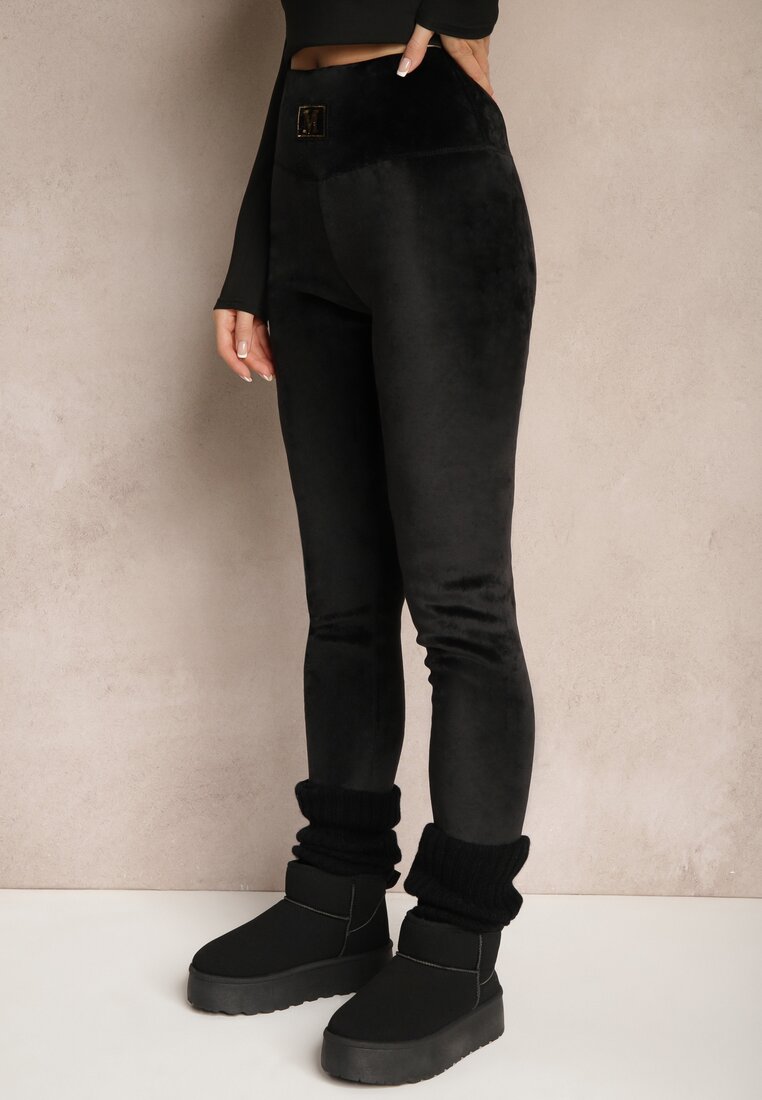 Czarne Ocieplane Legginsy High Waist z Weluru z Metaliczną Aplikacją Neliria