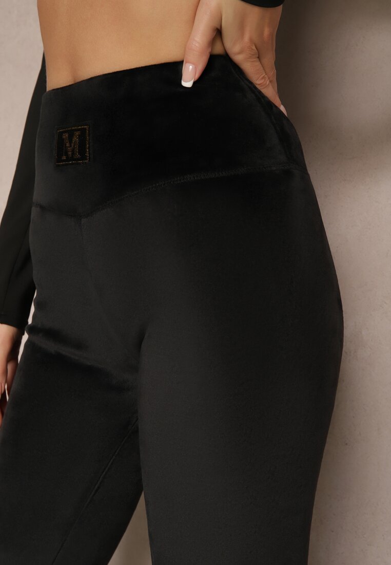 Czarne Ocieplane Legginsy High Waist z Weluru z Metaliczną Aplikacją Neliria