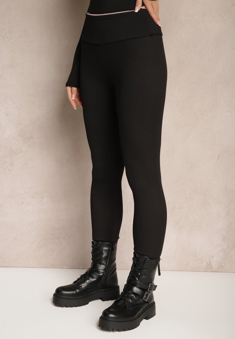 Czarne Legginsy Prążkowane High Waist Ocieplane Polarem Nelindor