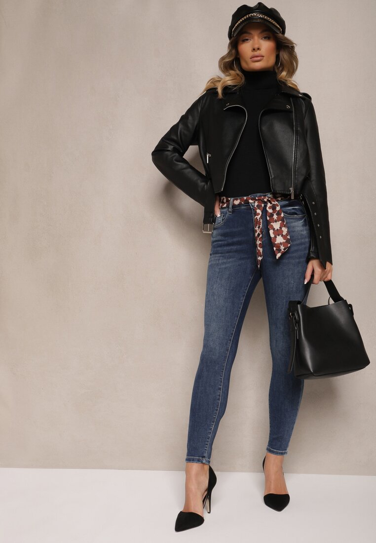 Niebieskie Jeansy Skinny z Efektem Push Up i Wiązanym Paskiem w Cętki Tenamia