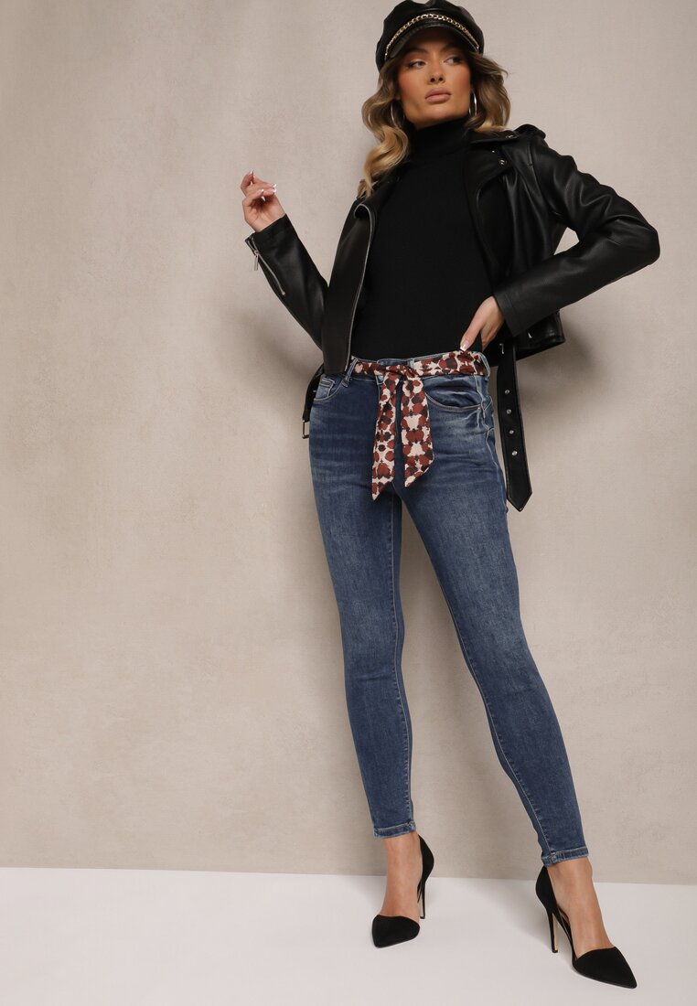 Niebieskie Jeansy Skinny z Efektem Push Up i Wiązanym Paskiem w Cętki Tenamia