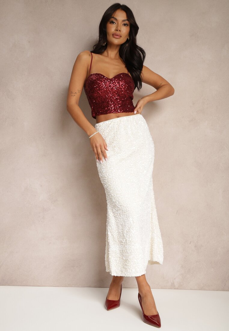 Jasnobeżowa Koktajlowa Spódnica High Waist w Cekiny Melimi