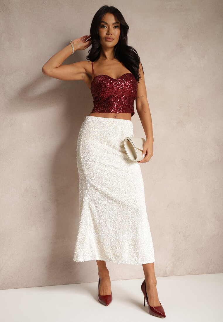 Jasnobeżowa Koktajlowa Spódnica High Waist w Cekiny Melimi