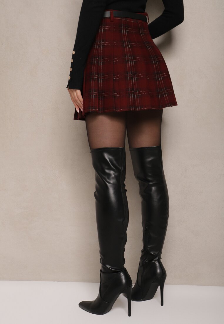 Bordowe Trapezowe Spódnico-Spodenki Plisowane z Wiskozą High Waist w Kratę z Paskiem Filiana