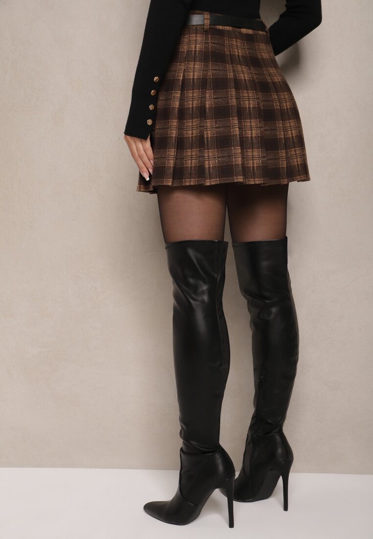 Brązowe Trapezowe Spódnico-Spodenki Plisowane z Wiskozą High Waist w Kratę z Paskiem Filiana