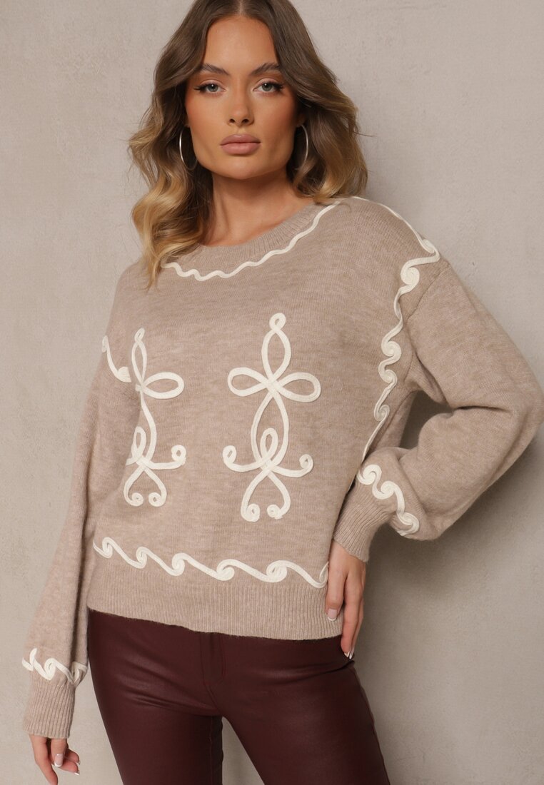 Beżowy Sweter z Wiskozą i Geometrycznym Wzorem Senallin