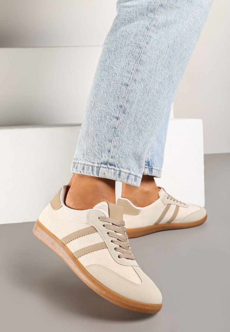Beżowe Casualowe Sneakersy z Ekozamszu na Płaskiej Podeszwie Pemeriana