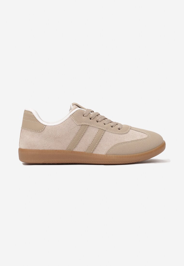 Ciemnobeżowe Casualowe Sneakersy z Ekozamszu na Płaskiej Podeszwie Pemeriana
