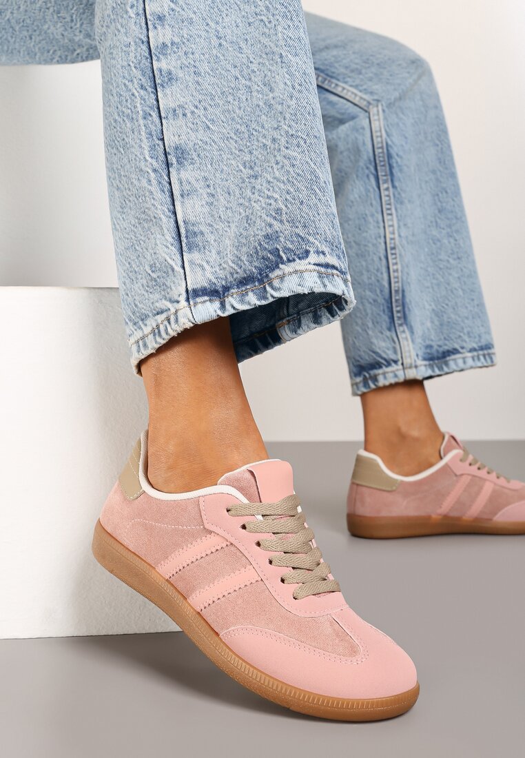 Różowe Casualowe Sneakersy z Ekozamszu na Płaskiej Podeszwie Pemeriana